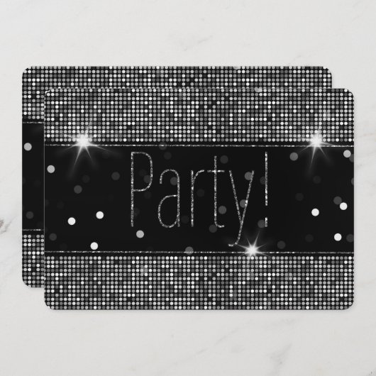 ブラック&シルバースパークルパーティーライト誕生日 招待状 (正面/裏面)