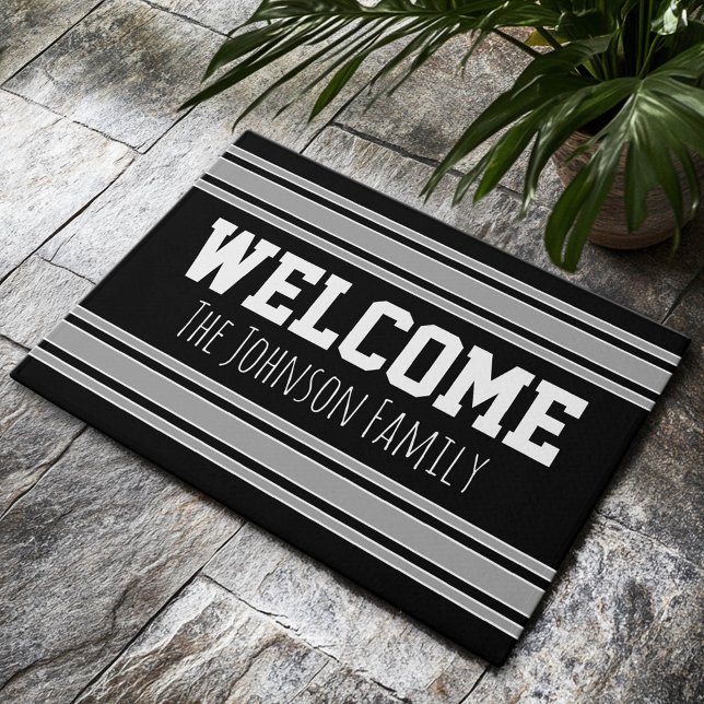 ブラック&シルバースポーツジャージー名前をカスタムする番号 ドアマット (Custom Welcome Doormat)
