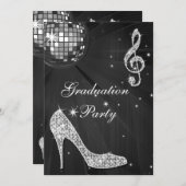 ブラック&シルバーディスコボールスパークルヒール卒業 招待状 (正面/裏面)