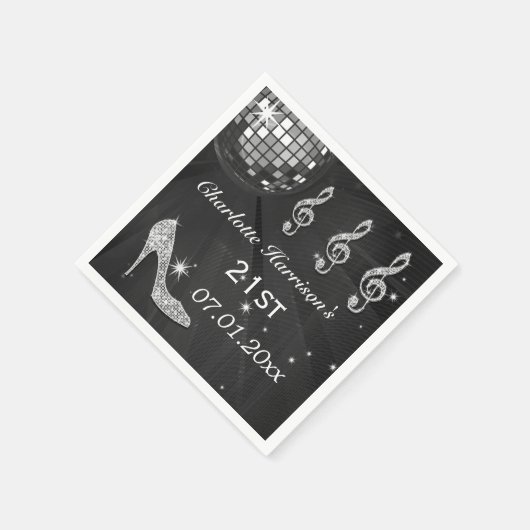 ブラック/シルバーディスコボール&スパークルヒール21st スタンダードカクテルナプキン (角)