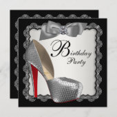 ブラック&シルバーハイヒールシューバースデーパーティー 招待状 (正面/裏面)