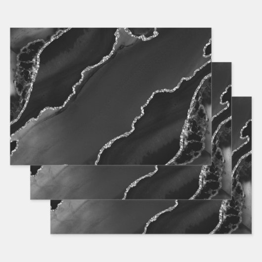 ブラック&シルバーフェイクグリッターアゲート ラッピングペーパーシート (セット)