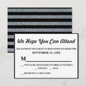 ブラック&シルバーフェイクグリッターウェディングストライプRSVP 出欠カード (正面/裏面)