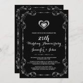 ブラック＆シルバーフレーム、ハートシルバーアニバーサリー 招待状 (正面/裏面)