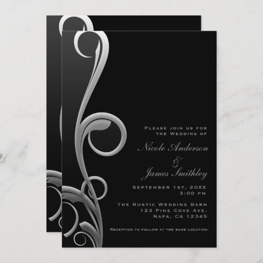 ブラック&シルバーモダングラムエレガントスワール結婚ズ 招待状 (正面/裏面)