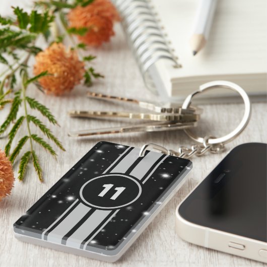 ブラック&シルバーレーシングストライプズStarlight キーホルダー (正面右)