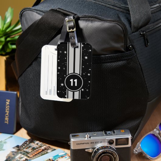 ブラック&シルバーレーシングストライプズStarlight ラゲッジタグ (正面&裏面)