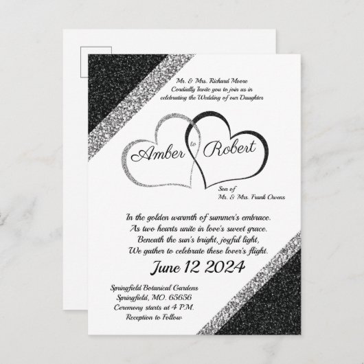 ブラック&シルバー結婚式招待状付/ハート詩 案内ポストカード (正面/裏面)