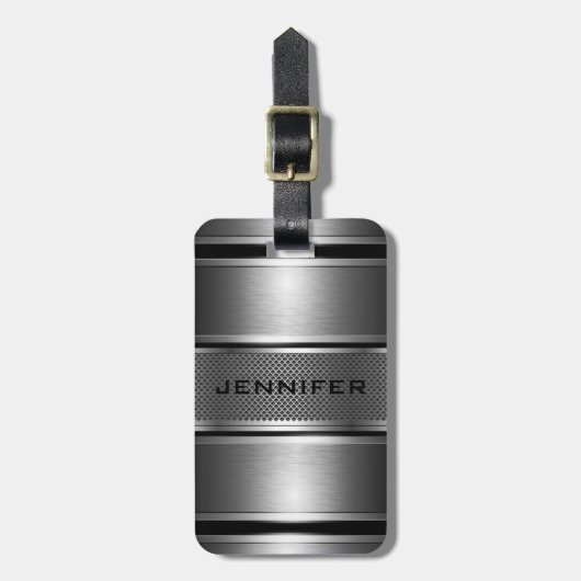 ブラック&シルバー金属フローラダマスク – モノグラム2b ラゲッジタグ (正面縦)