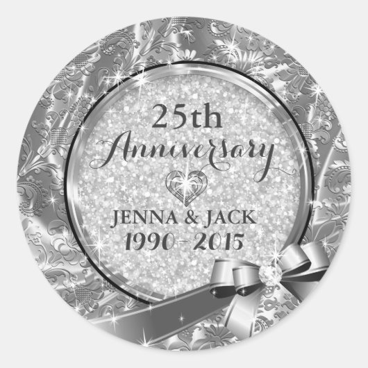 ブラック&シルバー25結婚周年記念オーナメント4 ラウンドシール (正面)