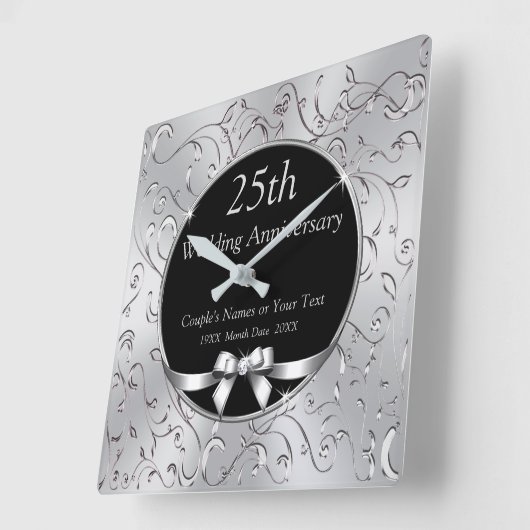 ブラック&シルバー25結婚周年記念品 スクエア壁時計 (傾斜)