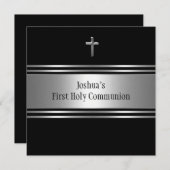 ブラック・シルバー・クロス・ボーイズ・ファースト・コミュニオン 招待状 (正面/裏面)