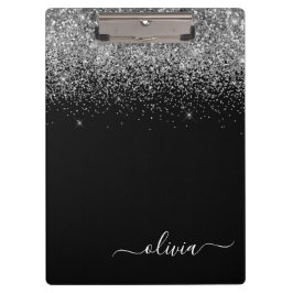 ブラック シルバー グリッター ガーリー モノグラム ネーム クリップボード