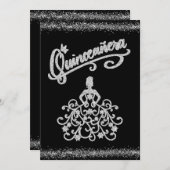 ブラック シルバー グリッター キンセアニエラ 15 誕生日 招待状 (正面/裏面)