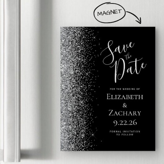 ブラック シルバー グリッター マグネット式 Save the Date