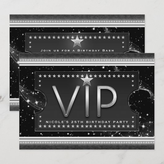 ブラック＆シルバー シックでゴージャスなVIP招待チケット 招待状 (正面/裏面)