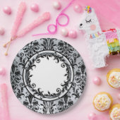 ブラック·シルバー·シック·ダマスク·フローラが個人用に旋回 ペーパープレート (パーティー)