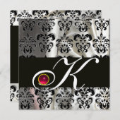 ブラック シルバー シルク ダマスク生地 モノグラム ピンク ルビー 招待状 (正面/裏面)