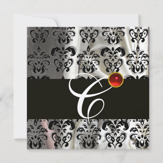 ブラック シルバー シルク ダマスク生地 モノグラム  レッド ルビー 招待状 (正面)