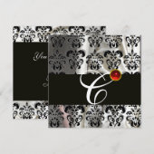 ブラック シルバー シルク ダマスク生地 モノグラム  レッド ルビー 招待状 (正面/裏面)