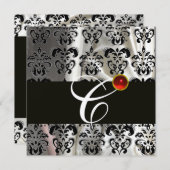 ブラック シルバー シルク ダマスク クロス モノグラム  ルビー レッド 招待状 (正面/裏面)