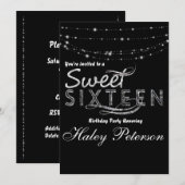 ブラック シルバー スイート16 グリッター グラム パーティー 招待状 (正面/裏面)