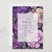 ブラック、シルバー、ダークパープルの花の結婚式 招待状 (正面)