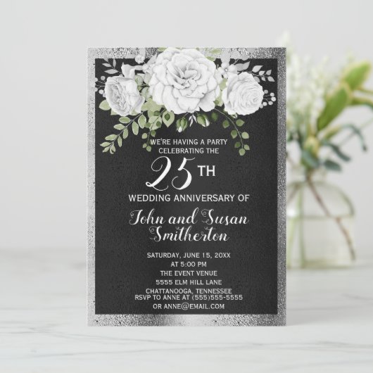 ブラック シルバー ホワイト フラワーリー 25周年 結婚記念日 招待状 (スタンド正面)