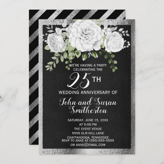ブラック シルバー ホワイト フラワーリー 25周年 結婚記念日 招待状 (正面/裏面)