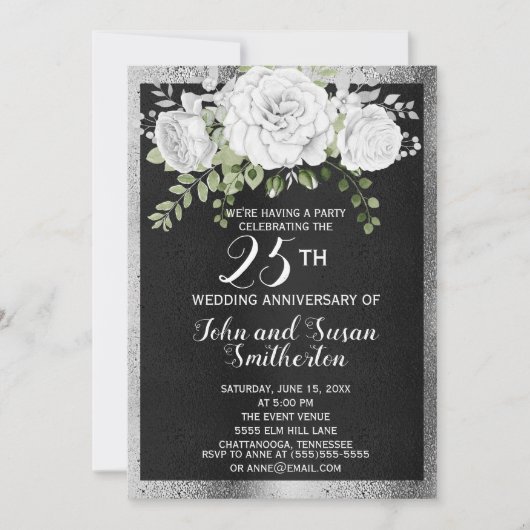 ブラック シルバー ホワイト フラワー 25周年 結婚記念日 招待状 (正面)