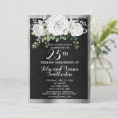 ブラック シルバー ホワイト フラワー 25周年 結婚記念日 招待状 (スタンド正面)