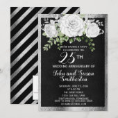 ブラック シルバー ホワイト フラワー 25周年 結婚記念日 招待状 (正面/裏面)