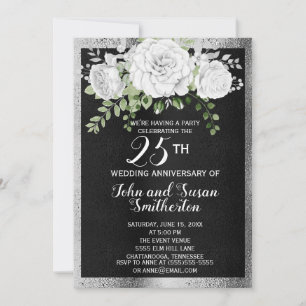 ブラック シルバー ホワイト フラワー 25周年 結婚記念日 招待状