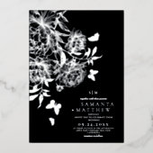 ブラック&シルバー ⎮モダン ミニマリスト 結婚式 フラワー 箔招待状 (正面)