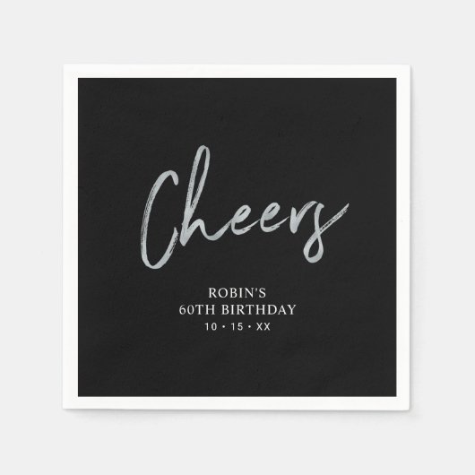 ブラック&シルバー |レタリング成人誕生日パーティー スタンダードカクテルナプキン (正面)