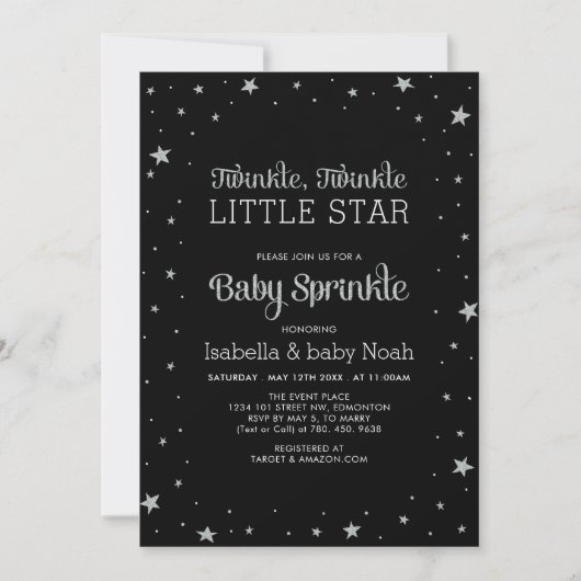 ブラック&シルバー | Twinkle Little Star Baby Shower 招待状 (正面)