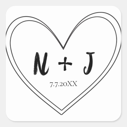 ブラック+シンプルハートの結婚式の名入れ スクエアシール (正面)