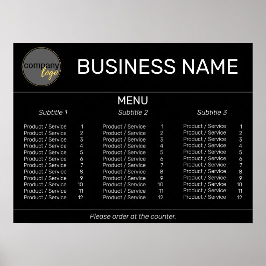 ブラック シンプル ビジネス ロゴ ブランド メニュー リスト カスタム ポスター (正面)