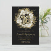 ブラック スウィート16 ゴールド ウォーターカラー バルーン 招待状 (スタンド正面)