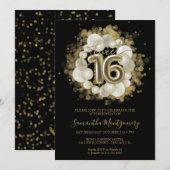 ブラック スウィート16 ゴールド ウォーターカラー バルーン 招待状 (正面/裏面)