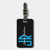 ブラック、スカイブルーモノグラム、パーソナライズ ラゲッジタグ (正面縦)
