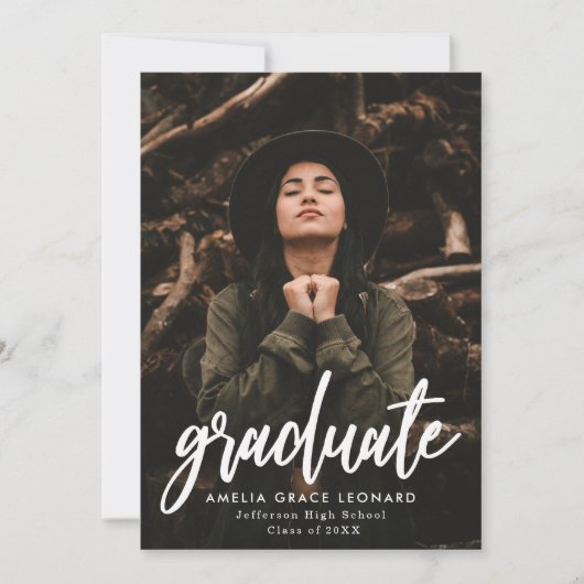 ブラック |スクリプト形式の写真の卒業 案内状 (正面)
