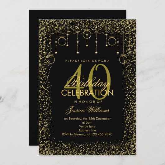ブラック&スタイリッシュ金ゴールドグリッターデコレーション誕生日 招待状 (正面/裏面)