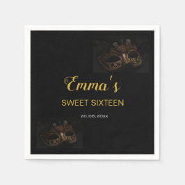 ブラック&スタイリッシュ金ゴールドマスカレードマスク16誕生日 スタンダードカクテルナプキン