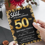 ブラック&スタイリッシュ金ゴールド50thサプライズ誕生日パーティー 招待状<br><div class="desc">黒スタイリッシュと金ゴールドの驚きの誕生日パーティーの招待華美は、金ゴールド縁ど、年齢の大きな金ゴールドの数とテンプレートに簡単されている誕生日を特集カスタマイズ。</div>