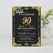 ブラック&スタイリッシュ金ゴールド90thサプライズ誕生日パーティー 招待状 (スタンド正面)