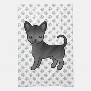 ブラック+スムースコート+チワワ+漫画+犬+足 キッチンタオル