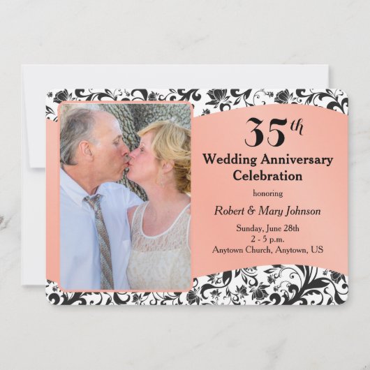 ブラック スワール & コーラル 35周年 結婚記念日 招待状 (正面)