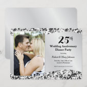 ブラック スワール & シルバー 結婚25周年 写真 招待状 (正面/裏面)