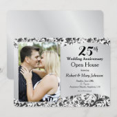 ブラック スワール & シルバー 25周年 結婚記念日 招待状 (正面/裏面)